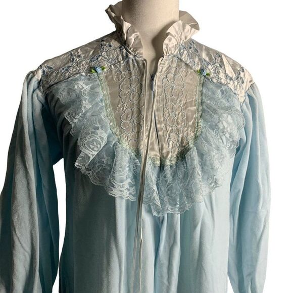 Vintage Gilligan Omalley House Coat Robe S Blue Velvet Zip Pockets Nightgown - Picture 1 of 6